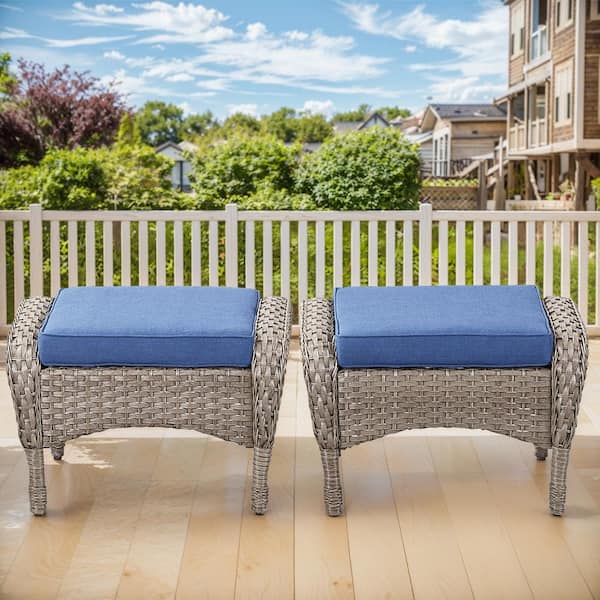 Flat Armrest Series Gray Wicker Outdoor Patio Ottoman with CushionGuard Blue Cushions (2-Pack)