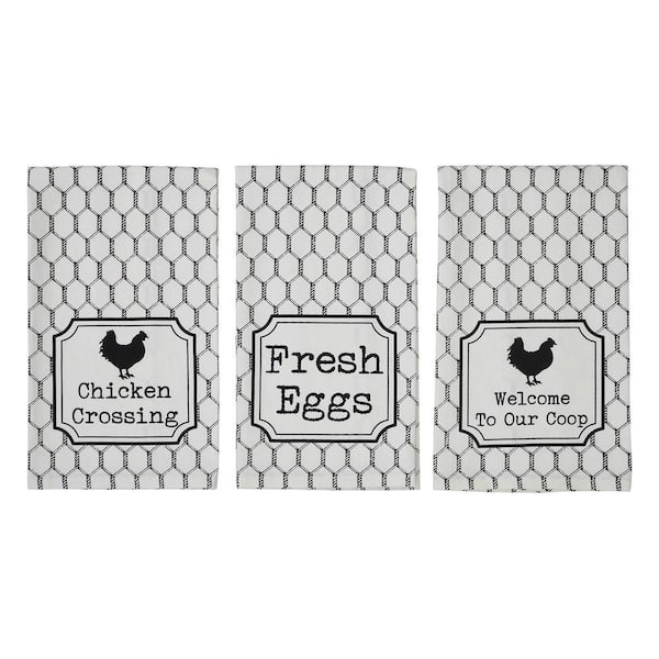 Down Home Soft White Country Black Graphic Chicken Crossing Cotton Kitchen Tea Towel Set (Set of 3)