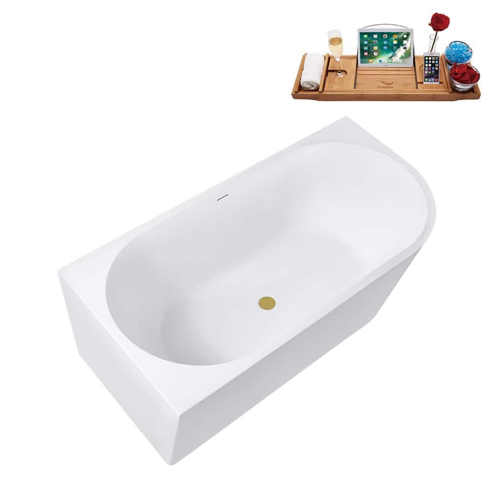 67" Glossy White Acrylic Freestanding Tub with Brushed Gold Trim