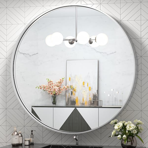 40 in. W x 40 in. H Medium Round Metal Framed Modern Wall Mounted Bathroom Vanity Mirror in Brush Nickel