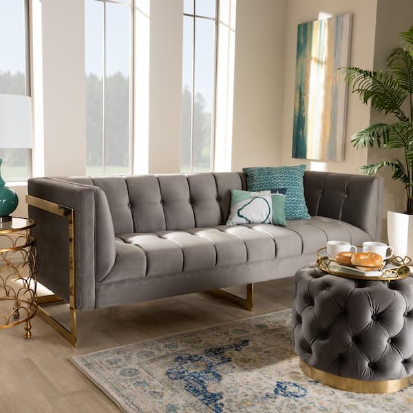 Baxton Studio Ambra 83.5 in. Gray Gold Fabric 3 Seater Tuxedo Sofa