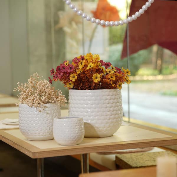 Set of 3 Handmade 4.49/6.3/8.07 in. H Matte White Textured Round Ceramic Planters, Breathable Flower Pot