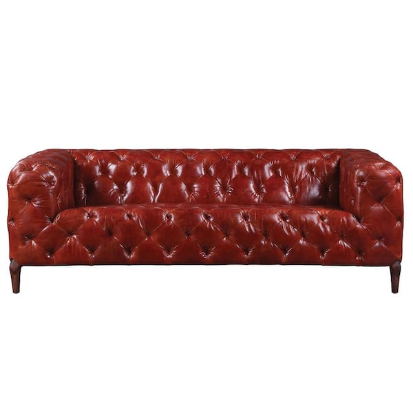 HomeRoots 85 in. Square Arm Leather Rectangle Sofa in Merlot