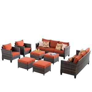Gray 8-Piece Wicker Outdoor Patio Conversation Seating Set with Red Cushions