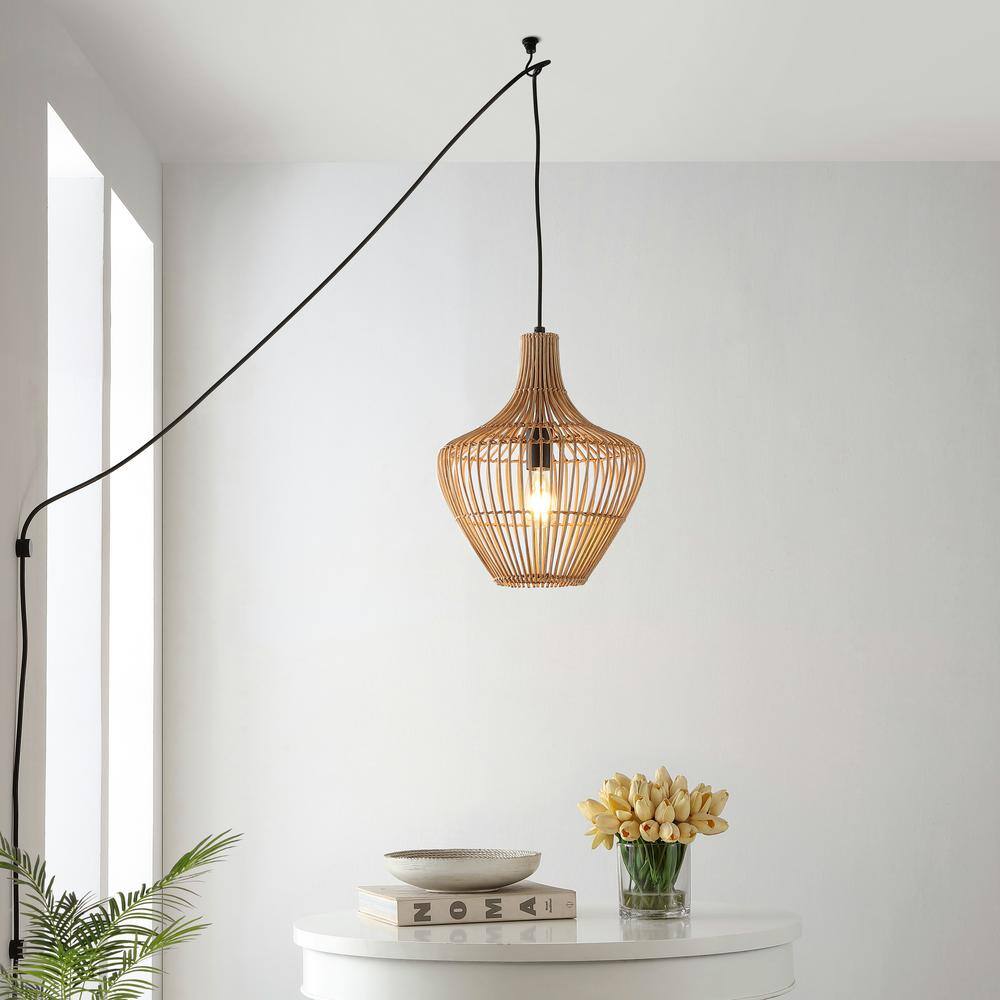 Lucas 13" Satin Brown Rattan LED Pendant with Adjustable Cord