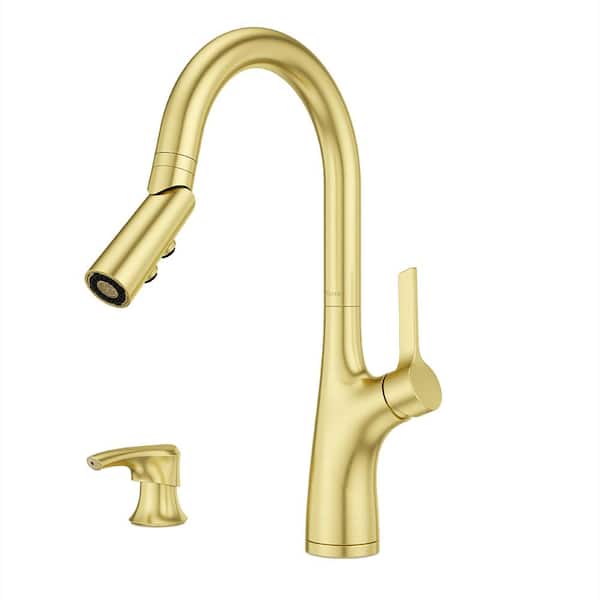 Pfister Ceylon Brushed Gold Single Handle High-Arc Kitchen Faucet with Deck Plate and Soap Dispenser Included