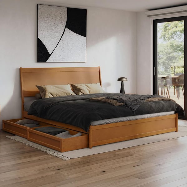 Casanova Light Toffee Natural Bronze Solid Wood Frame King Platform Bed with Panel Footboard and Storage Drawers
