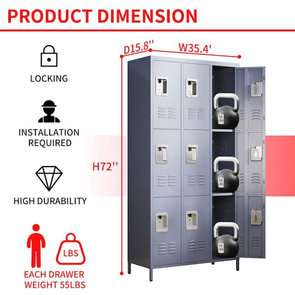 cadeninc 72 in. H 3-Tier Metal Lockers in Gray with 9-Door