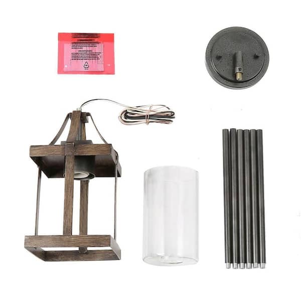 LNC - 1-Light Rustic Caged Textured Dark Brown Farmhouse Pendant Light with Modern Clear Glass Shade and Antique Wood Accent