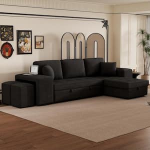 104.5 in. Charcoal Gray Chenille Full Size Sofa Bed, L Shaped Modern Sectional Sofa with Storage Chaise and Stools