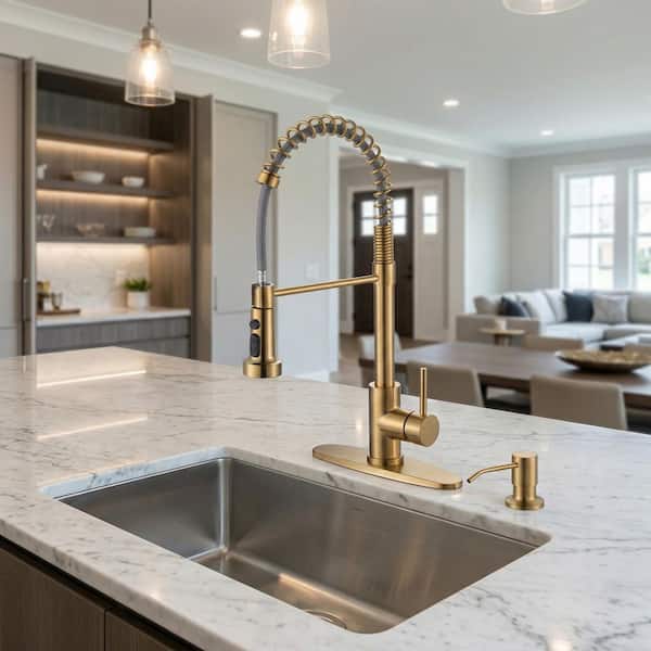 20.3 in. Single Handle Pull Down Kitchen Faucet with Soap Dispenser and 360° Spout Swivel in Brushed Gold