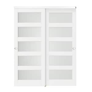 64 in. x 80 in. White, Solid Core MDF, 5-Lites, Double Frosted Glass Panel Bypass Sliding Door with Aluminium Hardware