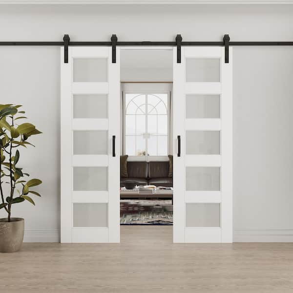 48 in. x 80 in. 5-Lite Tempered Frosted Glass White Primed MDF Sliding Barn Door with Hardware Kit (Soft Close Include)