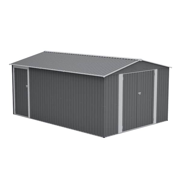 10 ft. W x 14 ft. D Gray Metal Storage Shed Large Garden Tool Shed with 3 Lockable Doors (140 sq. ft.)