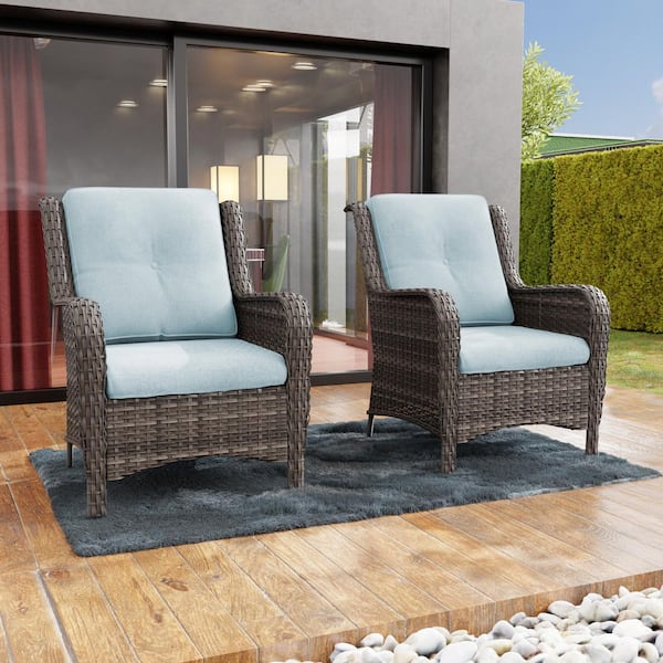2-Piece Wicker Patio Outdoor Lounge Chair with Ergonomic Arm and Baby Blue Cushions