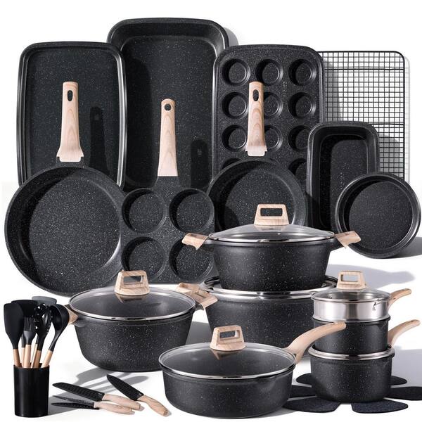 44-Piece Nonstick Aluminum Cookware Set in Black, Induction Cook Ware with Bakeware Set and Kitchen Knife Set