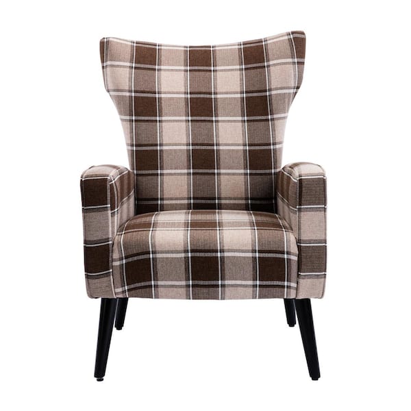 HOMEFUN Brown and White Plaid Linen Wingback Chair with Wooden Legs