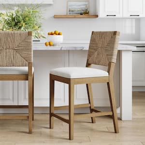 Beacon 24 in. Bohemian Boucle Upholstered Wood Counter Height Bar Stool w/ Woven Back, Cream Boucle/Light Brown,Set of 2