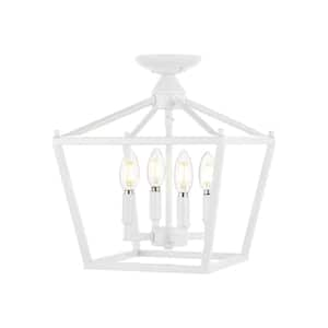 Plains Mini Lantern 12 in. 4-Light Iron Modern Farmhouse LED Flush Mount, White