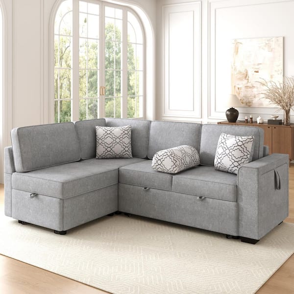 83.9 in. Chenille Convertible Sectional Sofa Bed in Light Gray with Flip-Top Table, USB Ports and Cup Holder & Storage