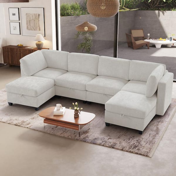 Unity 128 in. Square Arm 6-Piece Chenille Modular Convertible Sectional Sofa in. Beige with Storage, 2 Ottomans