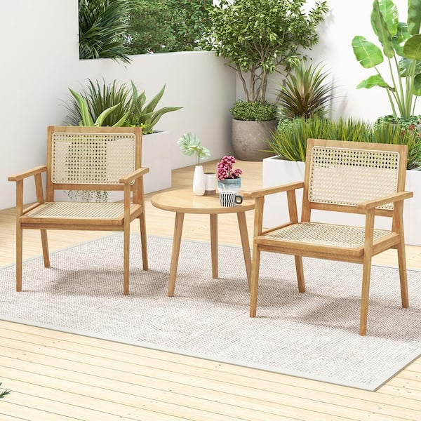 Costway Natural Rattan Seat and Back with Teak Wood Armchair