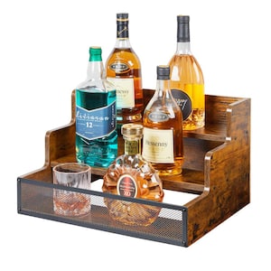 3 Step Wood Bar Shelves with Fence for 12 Bottles, Countertop Liquor Bottle Display Shelf, Freestanding Storage Shelves