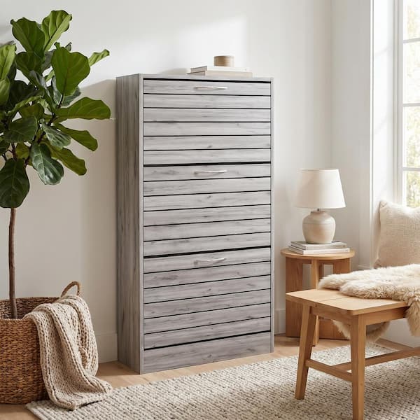 42.3 in. H x 22.4 in. W Gray Wood Grain 18-Pair Shoe Storage Cabinet with 3-Drawers for Entryway Hallway