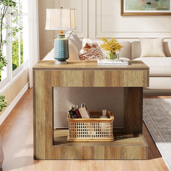 TRIBESIGNS WAY TO ORIGIN Calvin 31.5 in. W Brown Wood End Side Table 2-Tier Open MDF Rectangle Storage Shelf Set of 2 Bedside Nightstand 2-Pieces