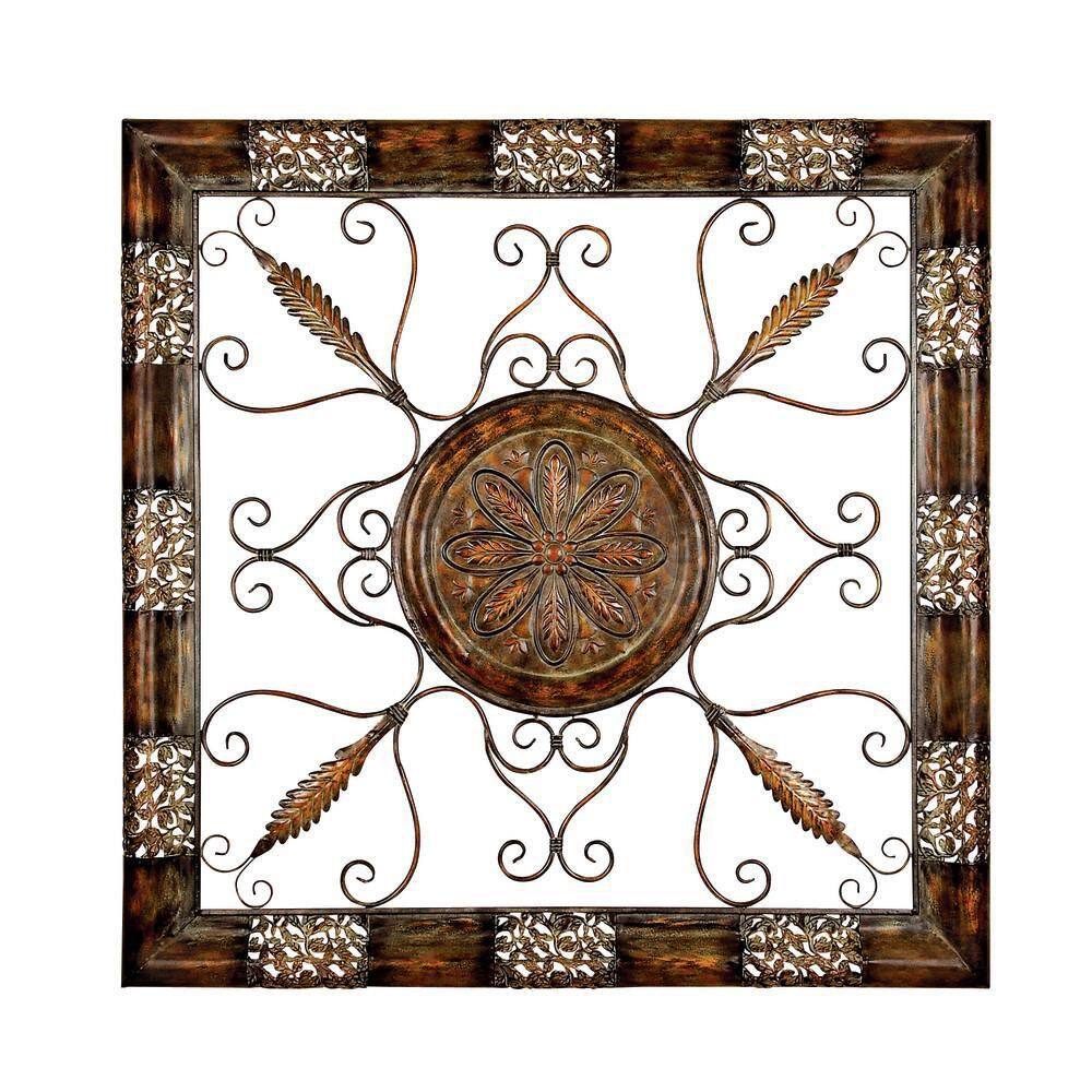 Bronze Finish Floral Scroll Square Wall Sculpture