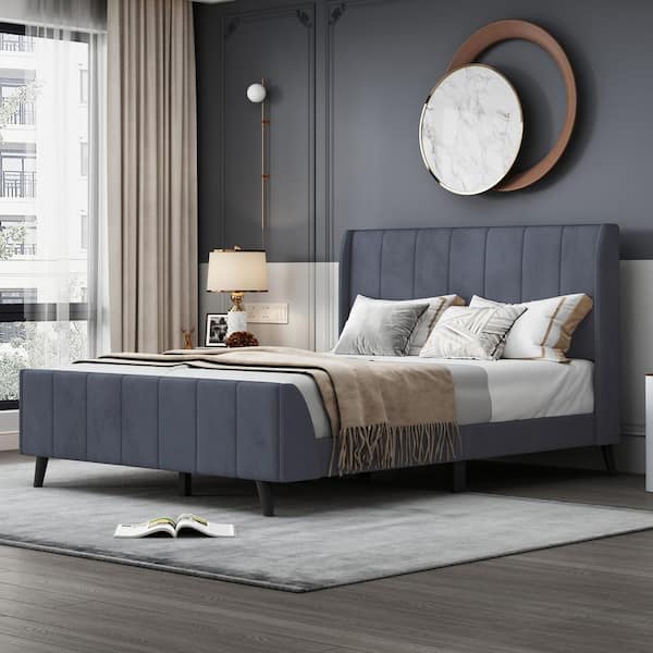 Harper & Bright Designs Channel-Tufted Gray Wood Frame Full Size Velvet Upholstered Platform Bed with Additional Bed and Slats Support Legs