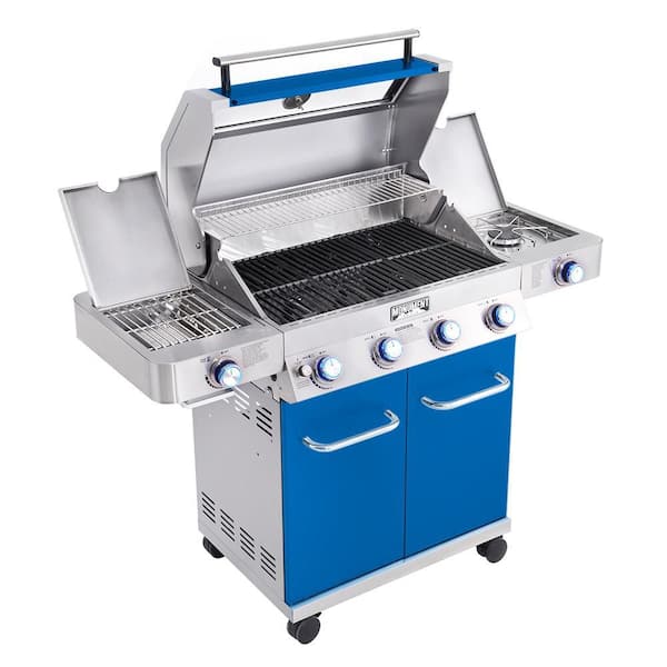 4-Burner Propane Gas Grill in Blue with Clear View Lid, LED Controls, Side and Sear Burners