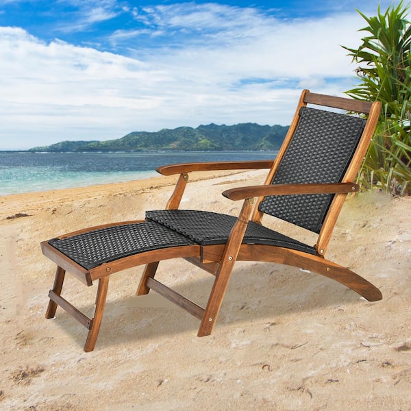 SUNRINX Folding Wood Outdoor Chaise Lounge with Retractable Footrest ...