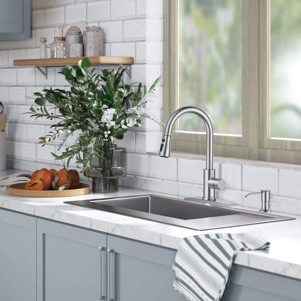 Brushed Nickel Single Handle Pull Down Kitchen Faucet with Soap Dispenser