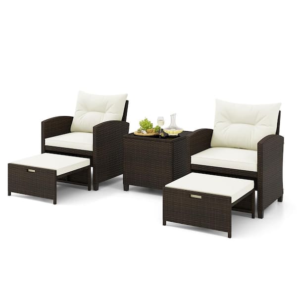 Costway Brown 5-Piece Metal Patio Conversation Set with 2 Ottomans and Tempered Glass Coffee Table and Cushion Off White
