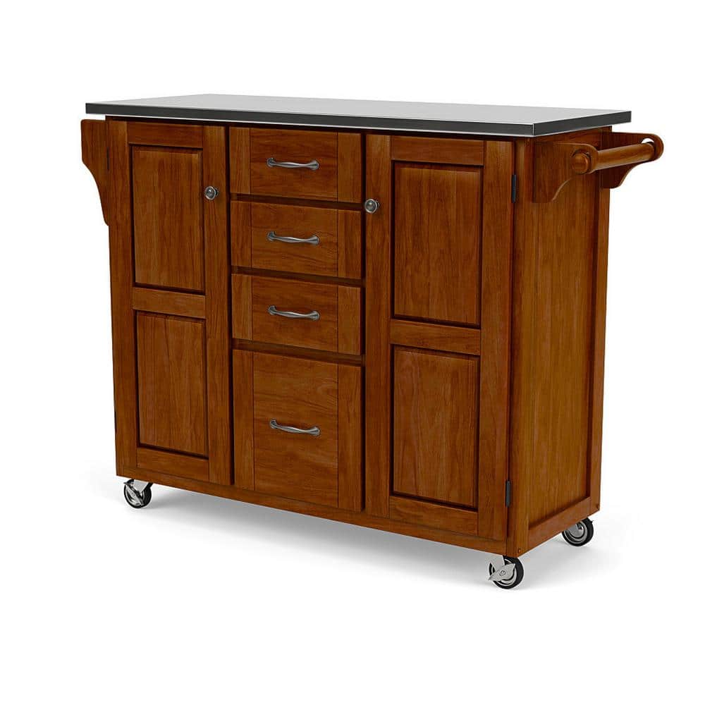 Cherry and Stainless Steel Kitchen Cart with Spice Rack