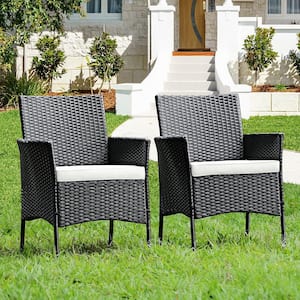 Cushioned Wicker Outdoor Arm Patio Dining Chair Sofa Furniture with White Cushion (2-Pack)