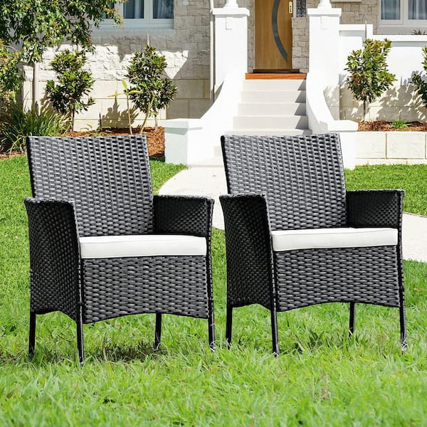 Cushioned Wicker Outdoor Arm Patio Dining Chair Sofa Furniture with White Cushion (4-Pack)