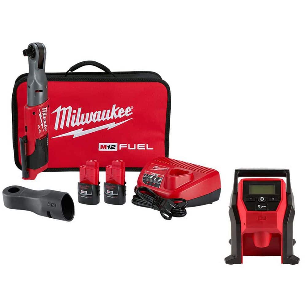 Milwaukee M12 FUEL 12V Lithium-Ion Brushless Cordless 1/2 in. Ratchet Kit W/M12 Compact Inflator