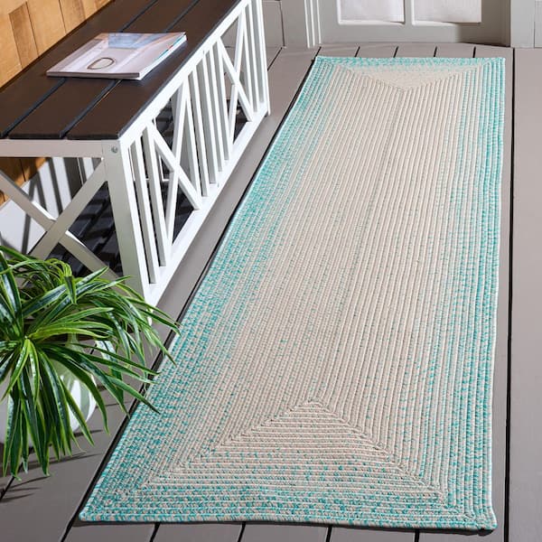 Braided 2 ft. x 8 ft. Ivory/Aqua Border Gradient Washable Indoor/Outdoor Runner Rug