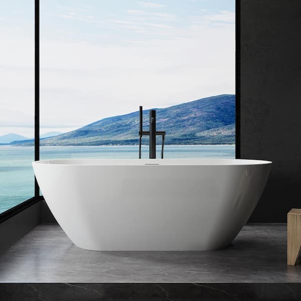 INSTER 55 in. Acrylic Flatbottom Oval Freestanding Soaking Tub Non-Whirlpool Double-Slipper Bathtub in Gloss White