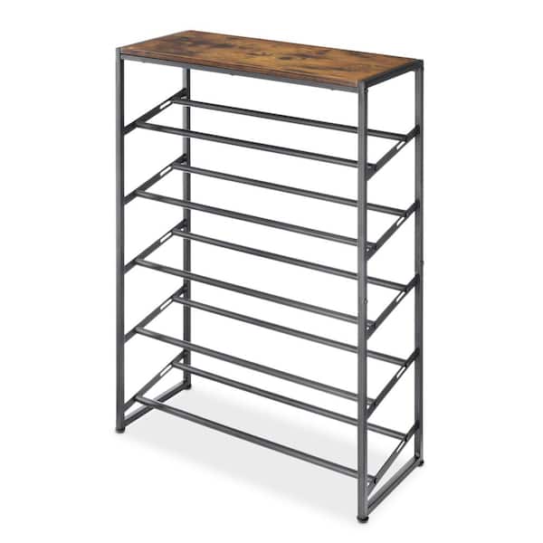 34.25 in. H 15-Pair Black Steel and Wood Shoe Rack