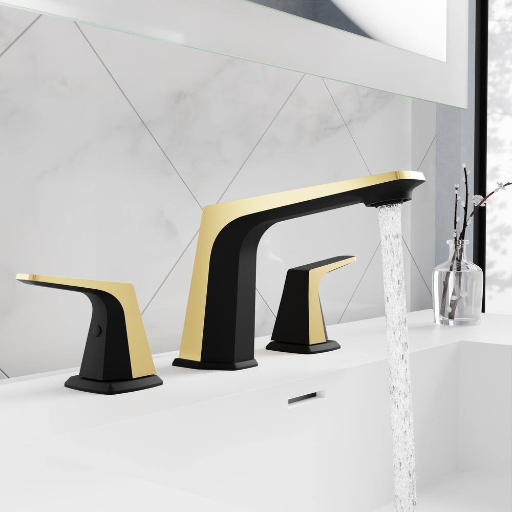 Matte Black and Brushed Gold Widespread Bathroom Faucet with Drain Assembly