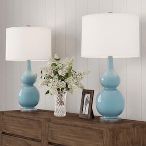 26.25 in. Double Gourd Ceramic Spa Blue LED Table Lamps with Ivory Shades (Set of 2)