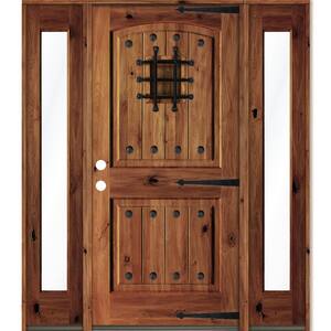 58 in. x 80 in. Medit. Knotty Alder Right-Hand/Inswing Clear Glass Red Chestnut Stain Wood Prehung Front Door w/DFSL
