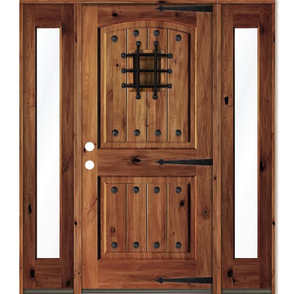 Krosswood Doors 58 in. x 80 in. Medit. Knotty Alder Right-Hand/Inswing Clear Glass Red Chestnut Stain Wood Prehung Front Door w/DFSL