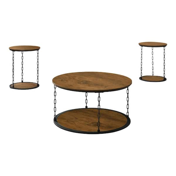 Aero 3-Piece Industrial 24 in. Natural Round Wood Top Coffee Table Set