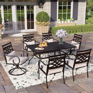 7-Piece Black Metal Outdoor Dining Set with Rectangle Dining Slat Table and Swivel Chairs with Beige Cushions