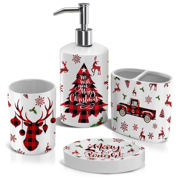4-Piece Bathroom Accessory Set, Ceramic Christmas Bathroom Decor, Reindeer Christmas Toothbrush Holder Set