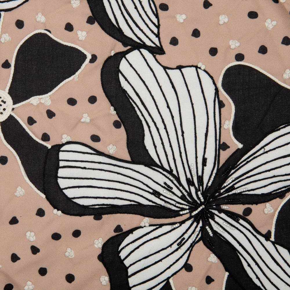 20" Beige and Black Embroidered Floral Polyester Throw Pillow